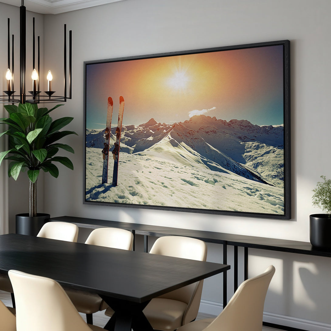 Framed Wall Art: Stunning mountain landscape Canvas Print with skis. Warm sunset colors over snow-covered peaks. Perfect for adding a touch of nature to any room.
