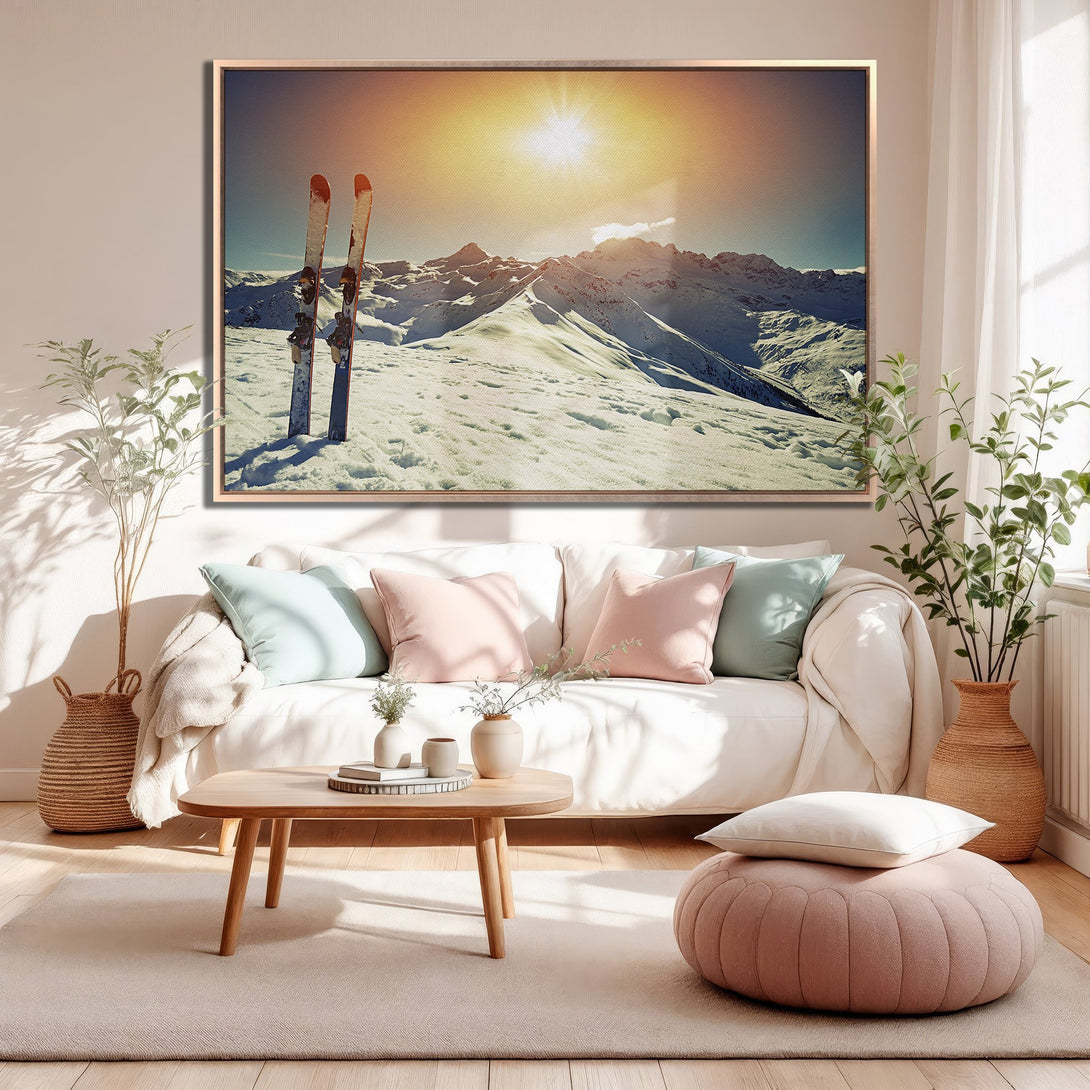 Framed Wall Art: Ski scene Canvas Print with a warm, neutral color palette. Mountain landscape art perfect for living room decor.