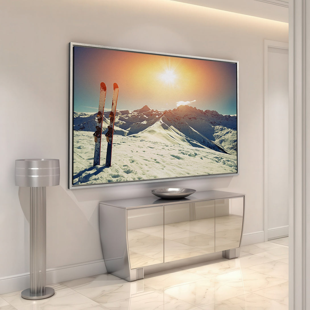 Framed Wall Art featuring a stunning winter landscape with skis, in a warm, natural color palette. Perfect for adding a touch of adventure to your home decor.