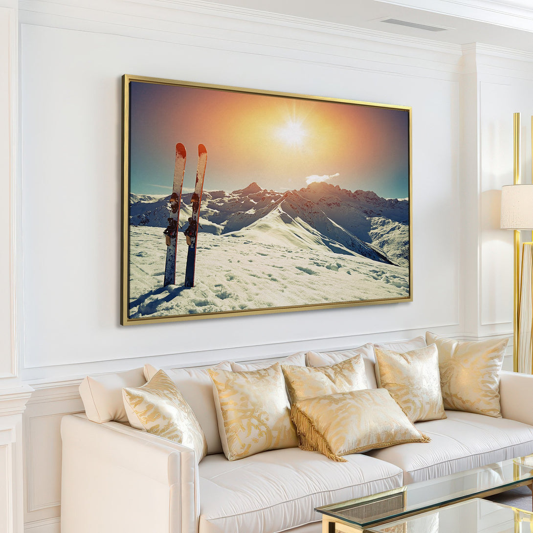 Canvas Print of a snowy mountain scene with skis, warm color palette, perfect for adding a touch of adventure to your home decor.