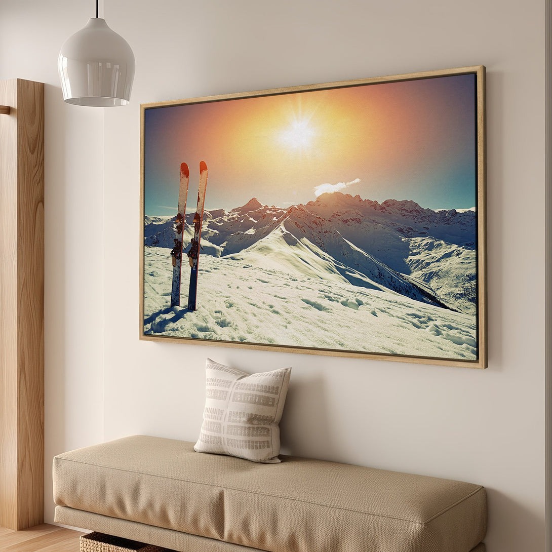 Framed Wall Art: Majestic mountain ski scene Canvas Print with warm sunset hues. Perfect for adding a touch of adventure and style to your home decor.
