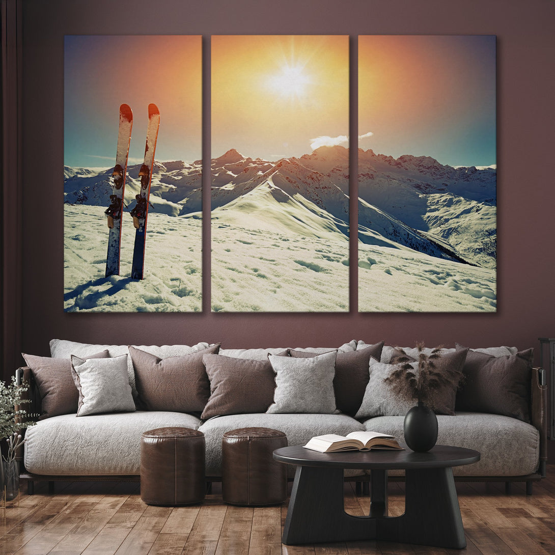 Canvas Print: Stunning mountain landscape with skis, warm color palette. Perfect wall art for a cozy interior. Bring the outdoors in!