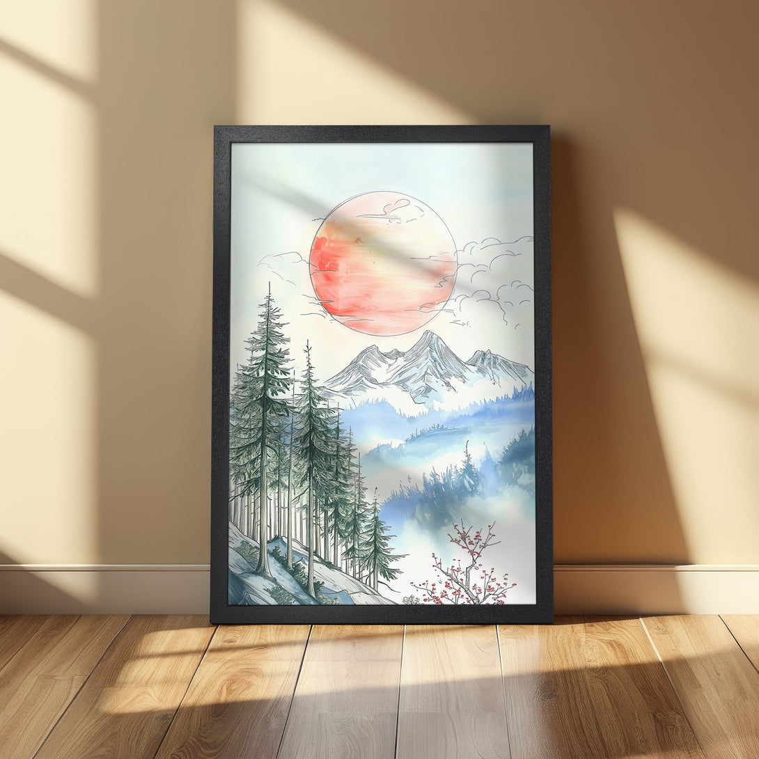 Framed Poster featuring a mountain landscape in a watercolor style with a red sun. Earthy tones and cool blues create a serene atmosphere.
