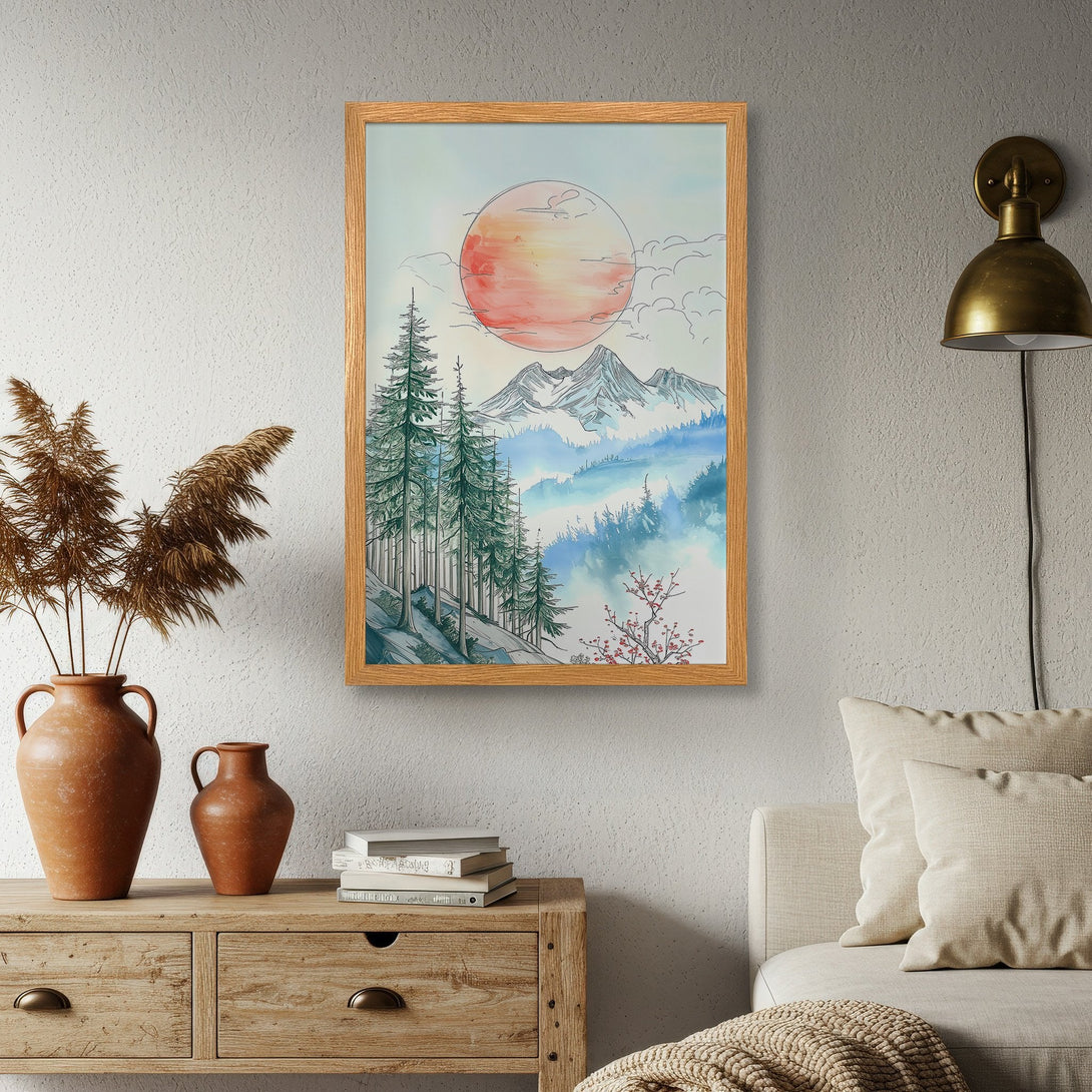 Framed Poster featuring a watercolor mountain landscape with a sunset. Serene art in blue, green, and orange tones. Perfect wall decor.