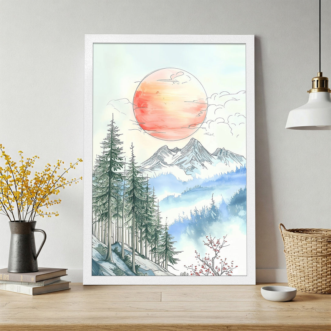 Framed Poster of a watercolor landscape with a vibrant sunset, trees, and mountains. Serene art in blue, green, and orange tones.