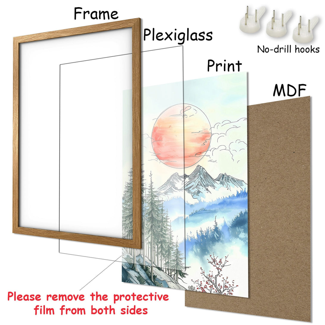 Framed Poster featuring a watercolor mountain landscape in a soft, muted color palette. Perfect wall art for your home!