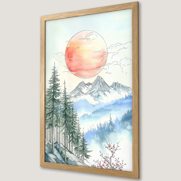 Framed Poster featuring a watercolor mountain landscape with a red sun. Soft blue and green color palette, perfect for wall decor.