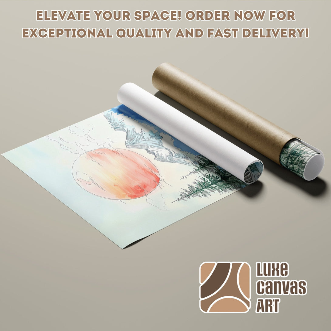 Watercolor landscape Poster Roll with warm sunset colors. Elevate your space with Luxe Canvas Art.