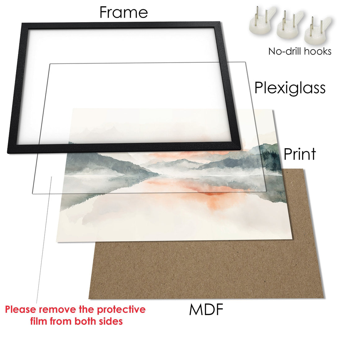 Framed Poster of a serene landscape in watercolor style with a muted color palette. Perfect wall art for any space!