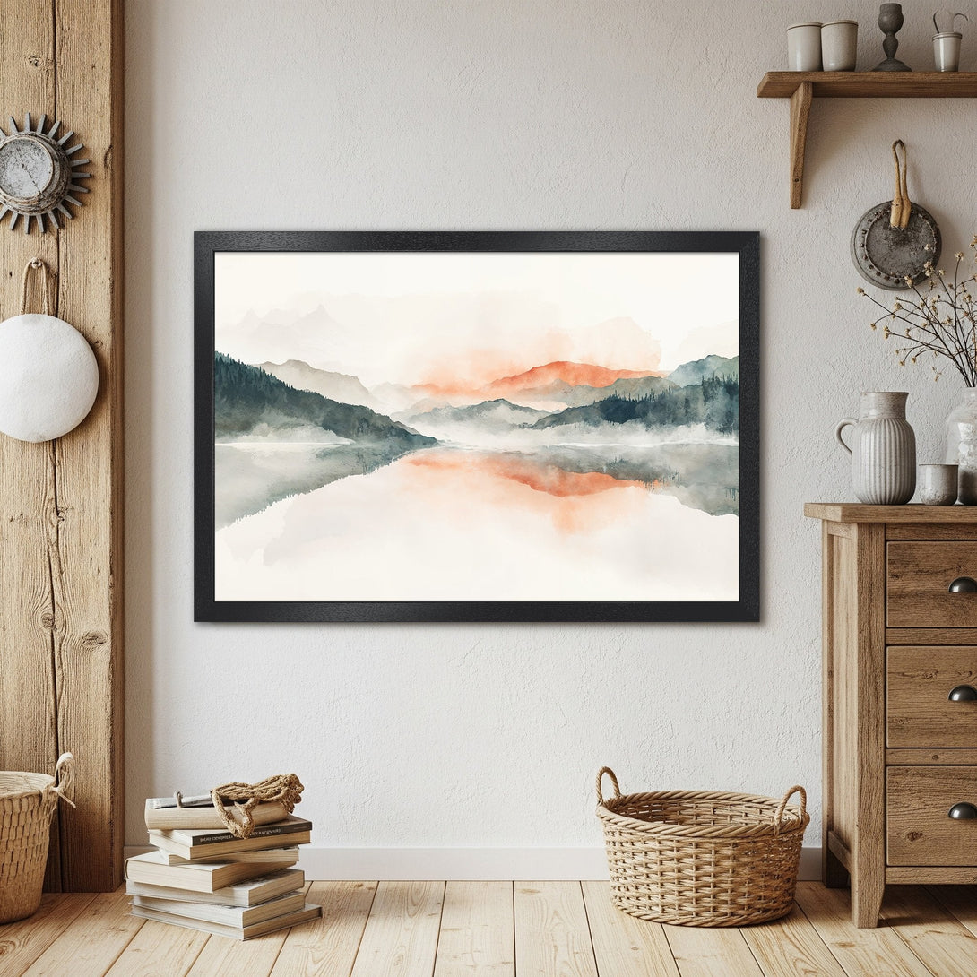 Framed Poster featuring a watercolor landscape of mountains and a lake. Serene art in muted greens, grays, and orange. Perfect wall decor.