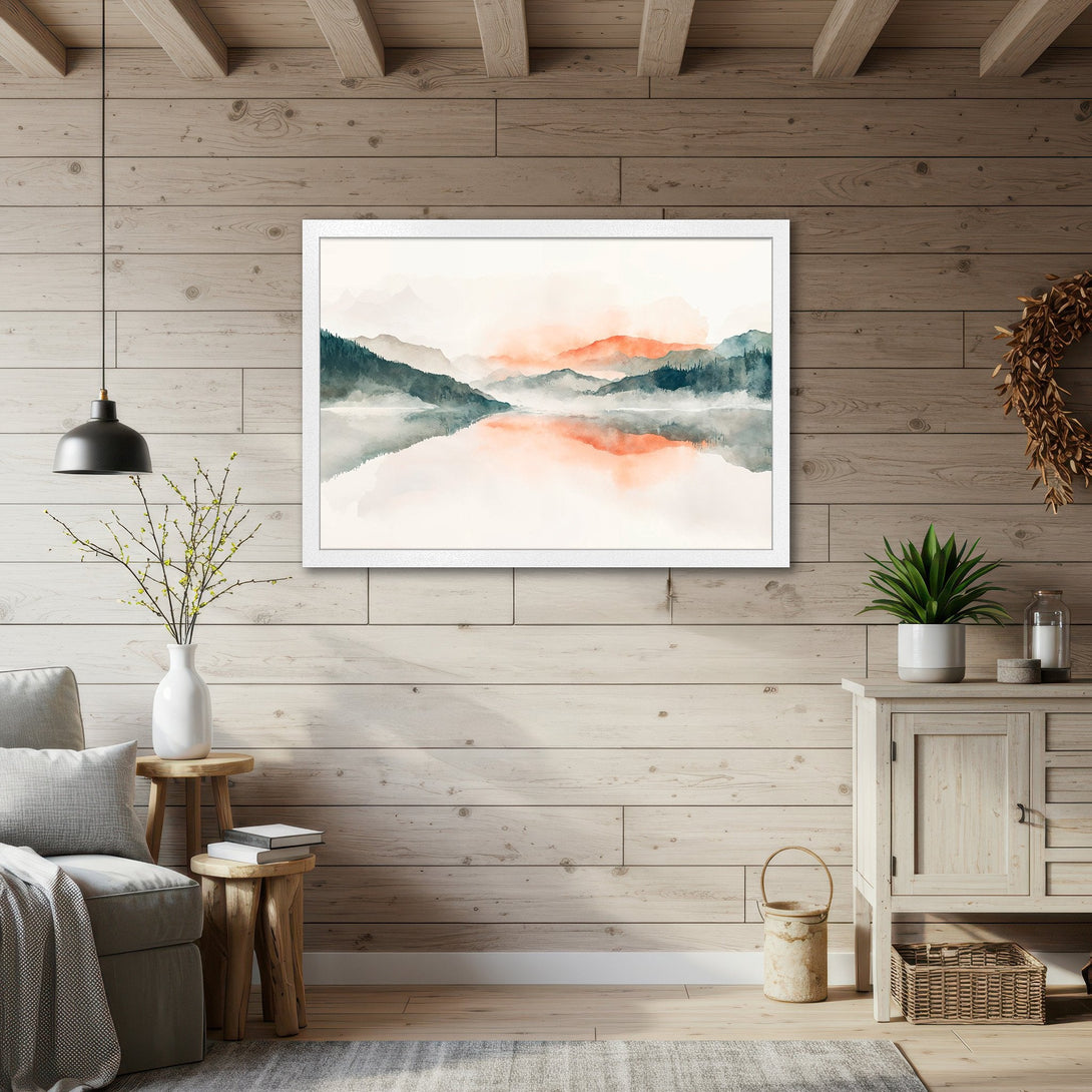 Framed Poster of watercolor mountain landscape art in teal, orange, and gray. Perfect for adding a touch of nature to your home.