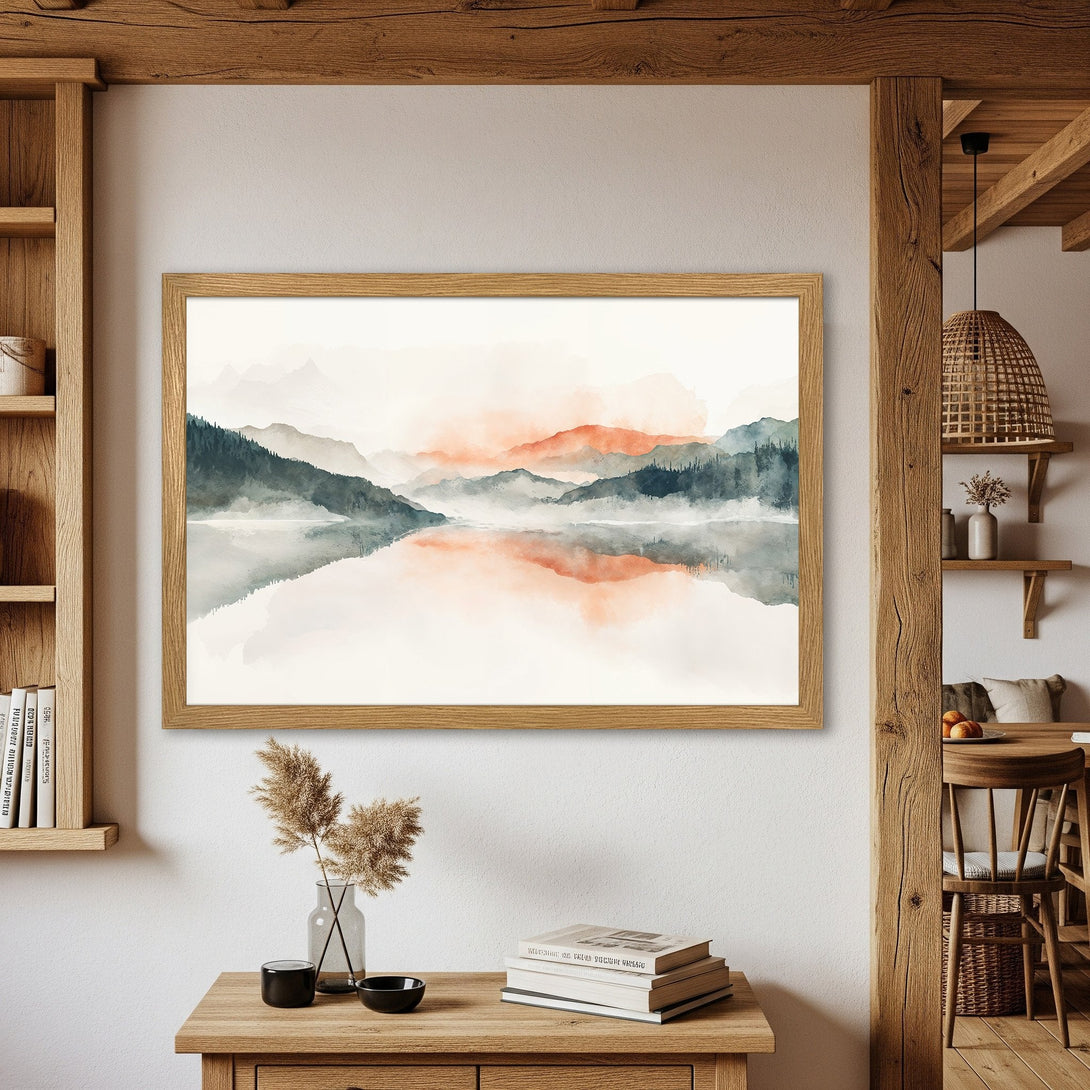 Framed Poster of watercolor landscape art. Serene mountains in blue, gray, and orange hues. Perfect wall decor.