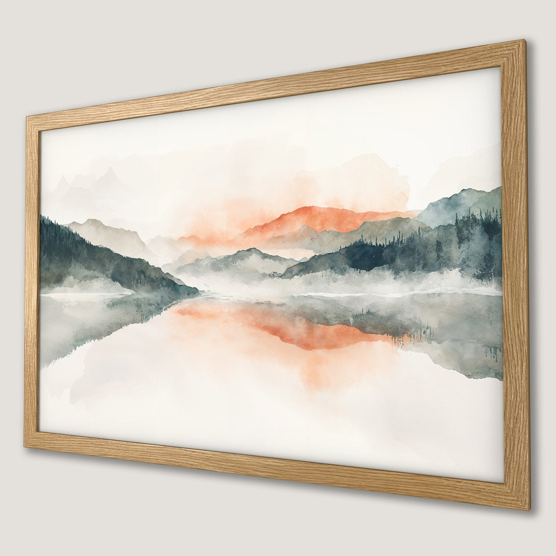 Framed Poster of watercolor mountain landscape in muted teal, peach, and gray tones. Serene wall art for your home.