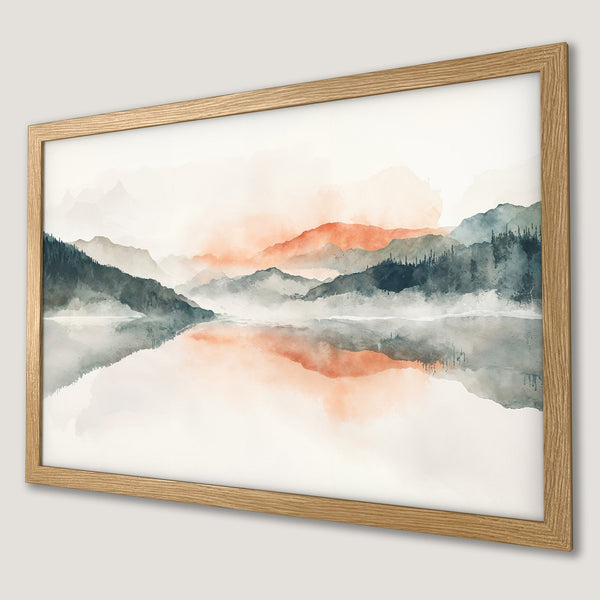 Framed Poster of watercolor mountain landscape in muted teal, peach, and gray tones. Serene wall art for your home.