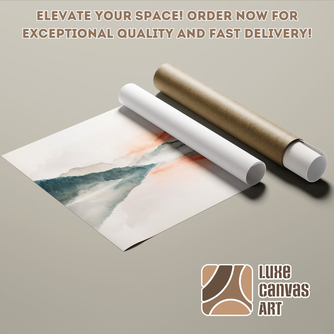 Watercolor mountain Poster Roll, serene landscape art in teal, orange, and neutral tones. Elevate your space!