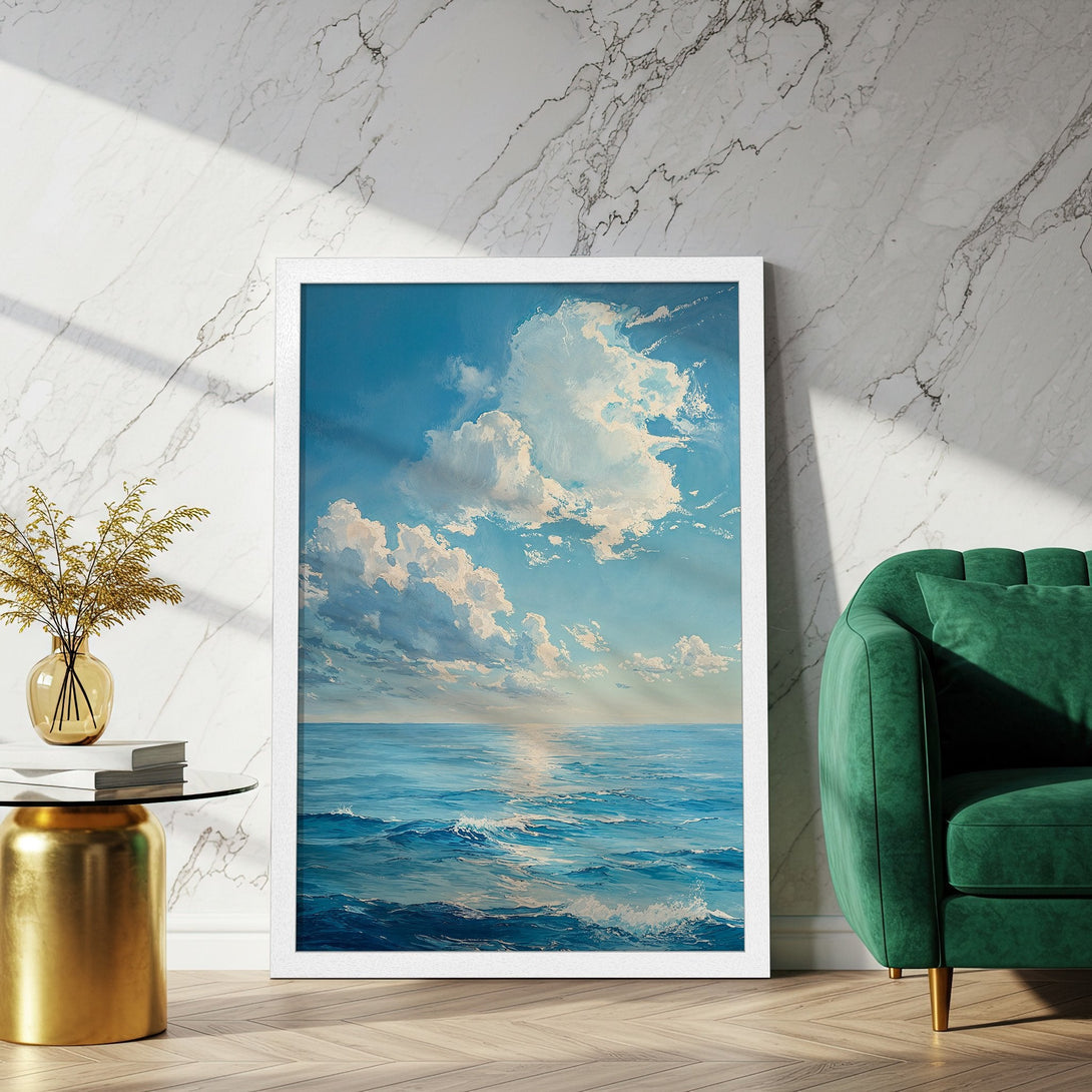 Framed Poster featuring a seascape with blue and white hues. Coastal art print in a modern style, perfect for home decor.