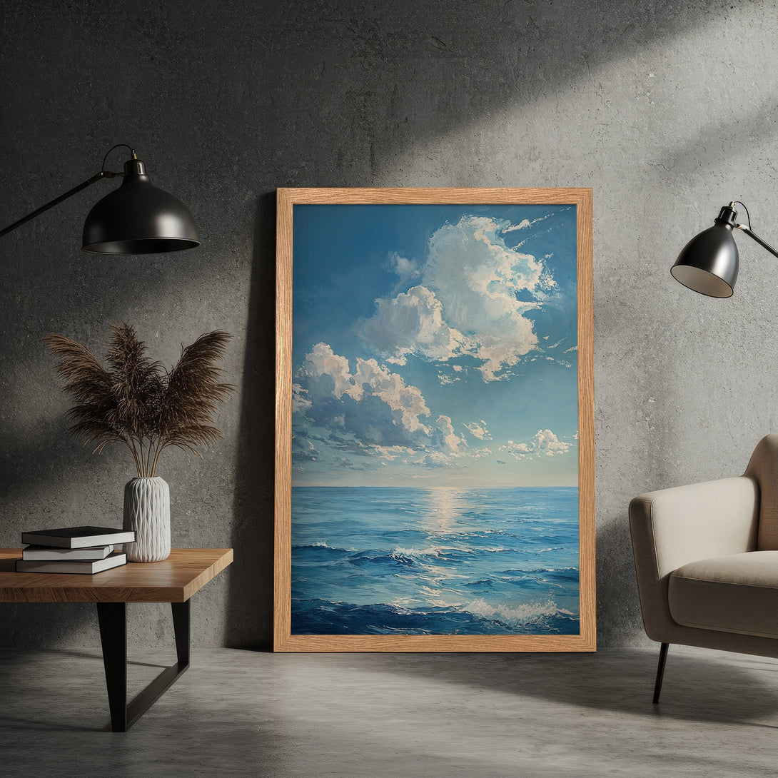 Framed Poster of ocean scene, impressionist style, blue and white color palette, perfect for coastal decor.