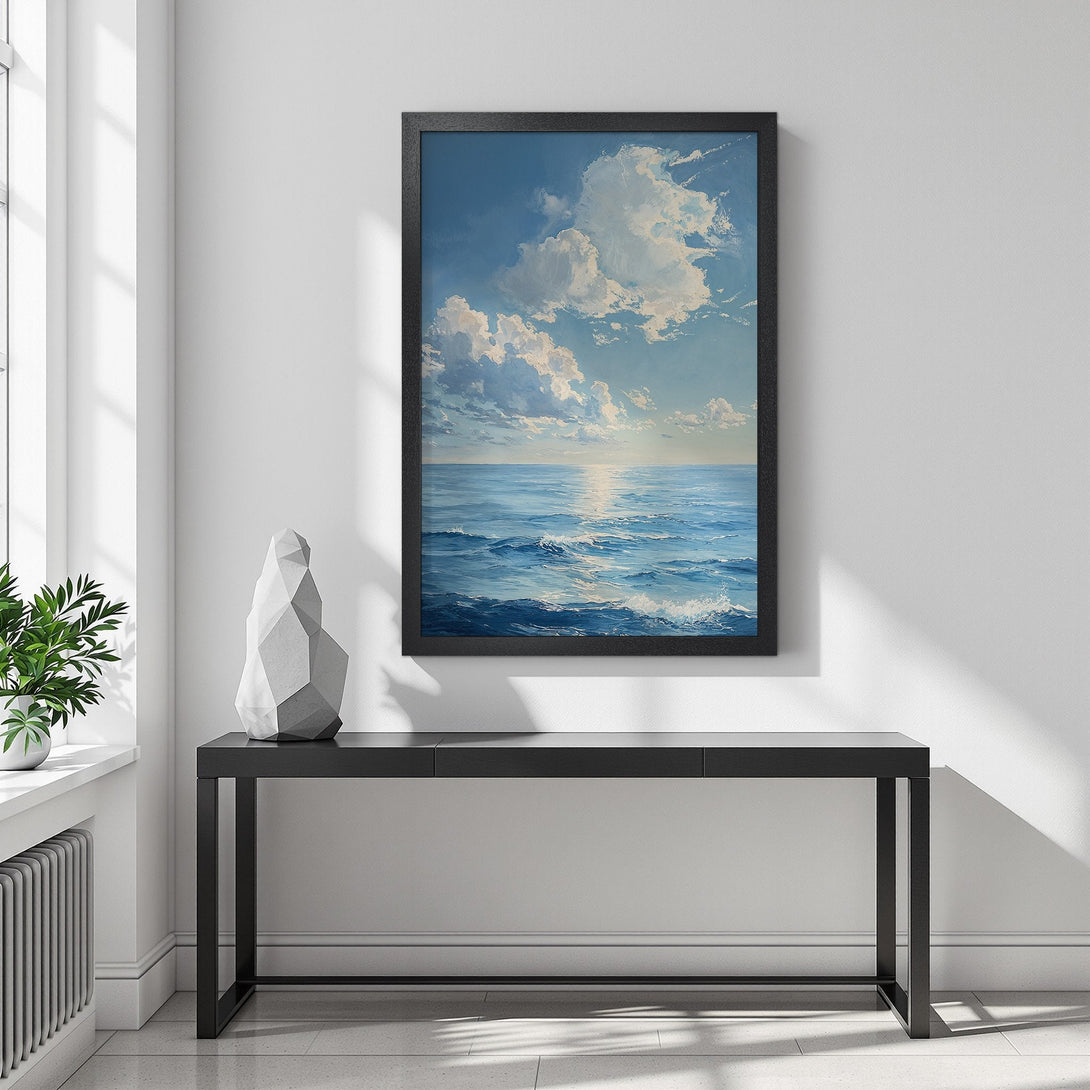 Framed Poster featuring a serene seascape painting with blue and white hues, perfect for coastal decor. Enhance your space with this art print!