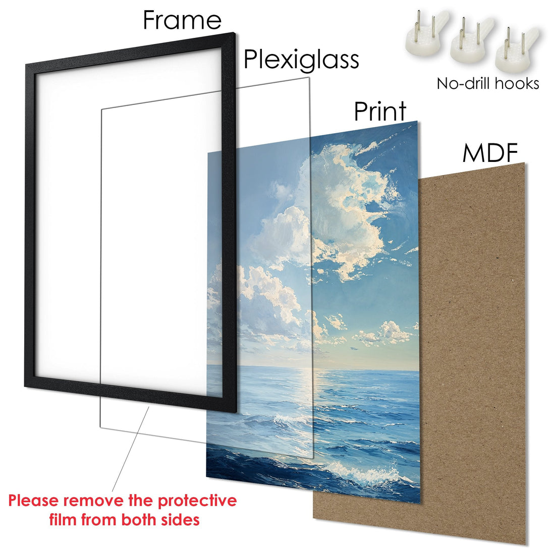 Framed Poster of ocean landscape art in blue and white. Enhance your space with this stunning print!