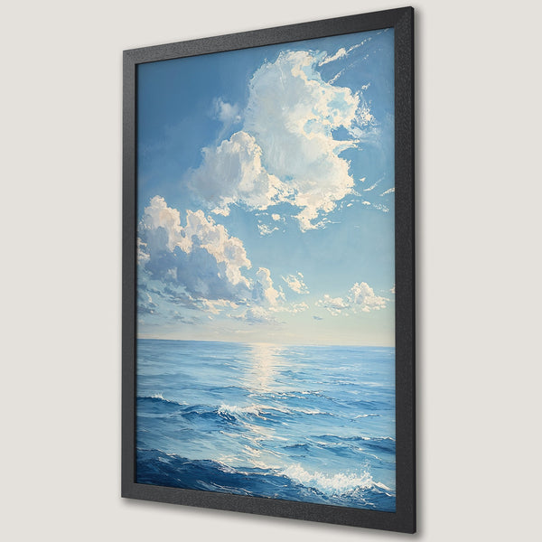 Framed Poster of an ocean scene with blue hues and a sky full of clouds. Artistic style, perfect for coastal decor.