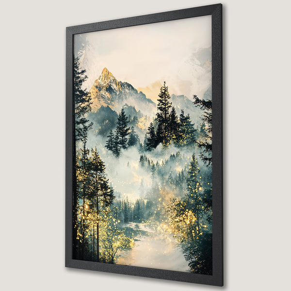 Framed Poster featuring a serene mountain forest scene with a dreamy, painterly style and a muted, warm color palette.