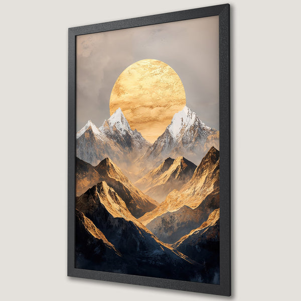 Framed Poster featuring a stunning mountain landscape with a golden sun, in a warm, earthy color palette. Perfect wall art!
