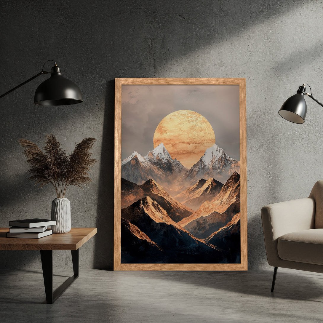 Framed Poster featuring a mountain landscape in warm earth tones. Modern art style, perfect for home decor.