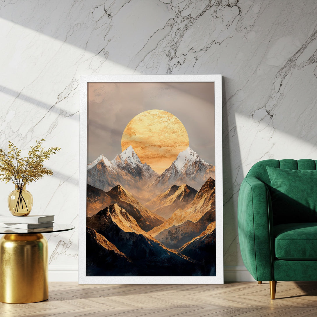 Framed Poster featuring a stunning mountain landscape art print. Warm color palette of gold, orange, and brown, perfect for home decor.