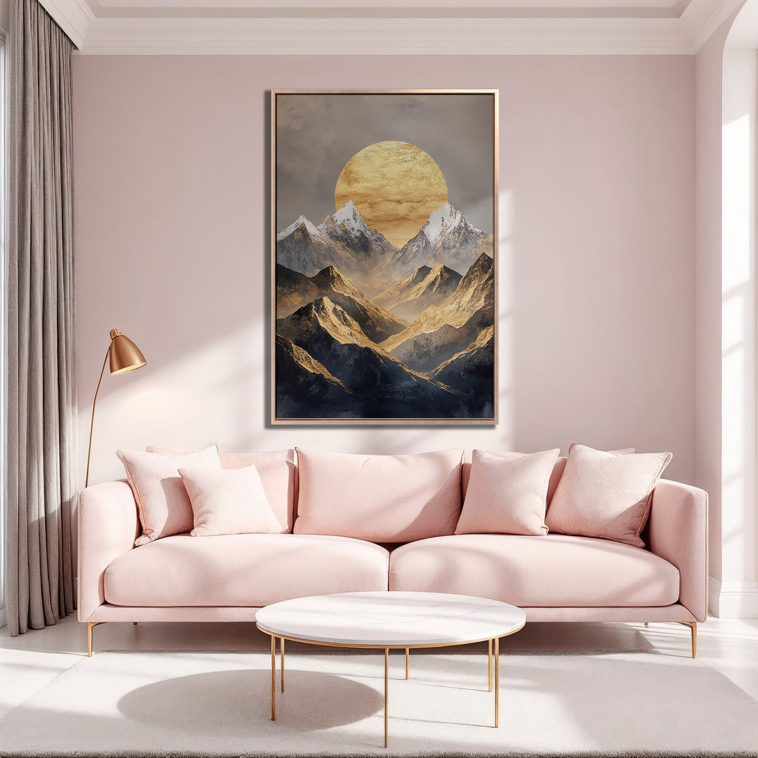 Framed Wall Art: Majestic mountain landscape Canvas Print in warm gold and gray tones. Perfect for adding a touch of elegance to your living room.