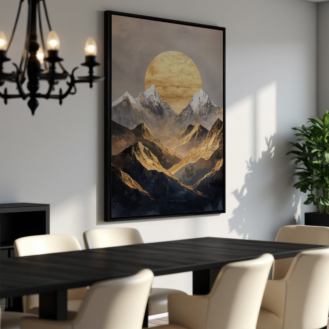 Framed Wall Art featuring a majestic mountain landscape with a warm gold and blue color palette. Elevate your space with this stunning canvas print.