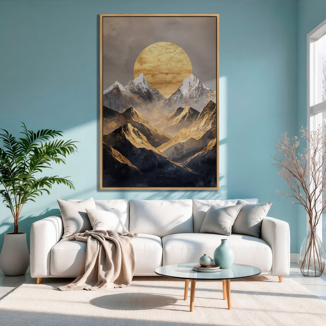 Framed Wall Art: Mountain landscape Canvas Print in warm gold and brown tones. Modern art for living room decor.