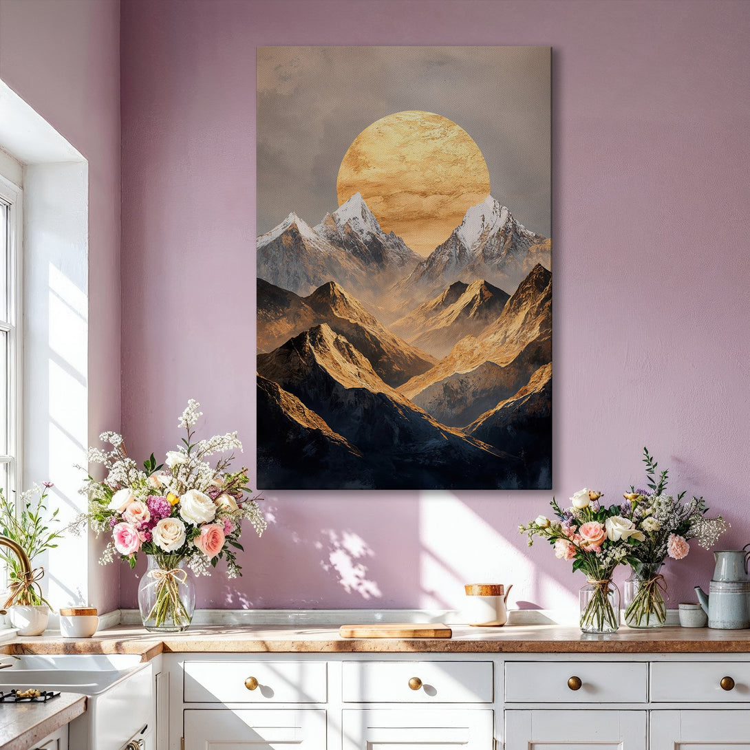 Framed Wall Art: Stunning mountain landscape Canvas Print in warm gold and gray tones. Elevate your space with this modern, nature-inspired artwork. Shop now!