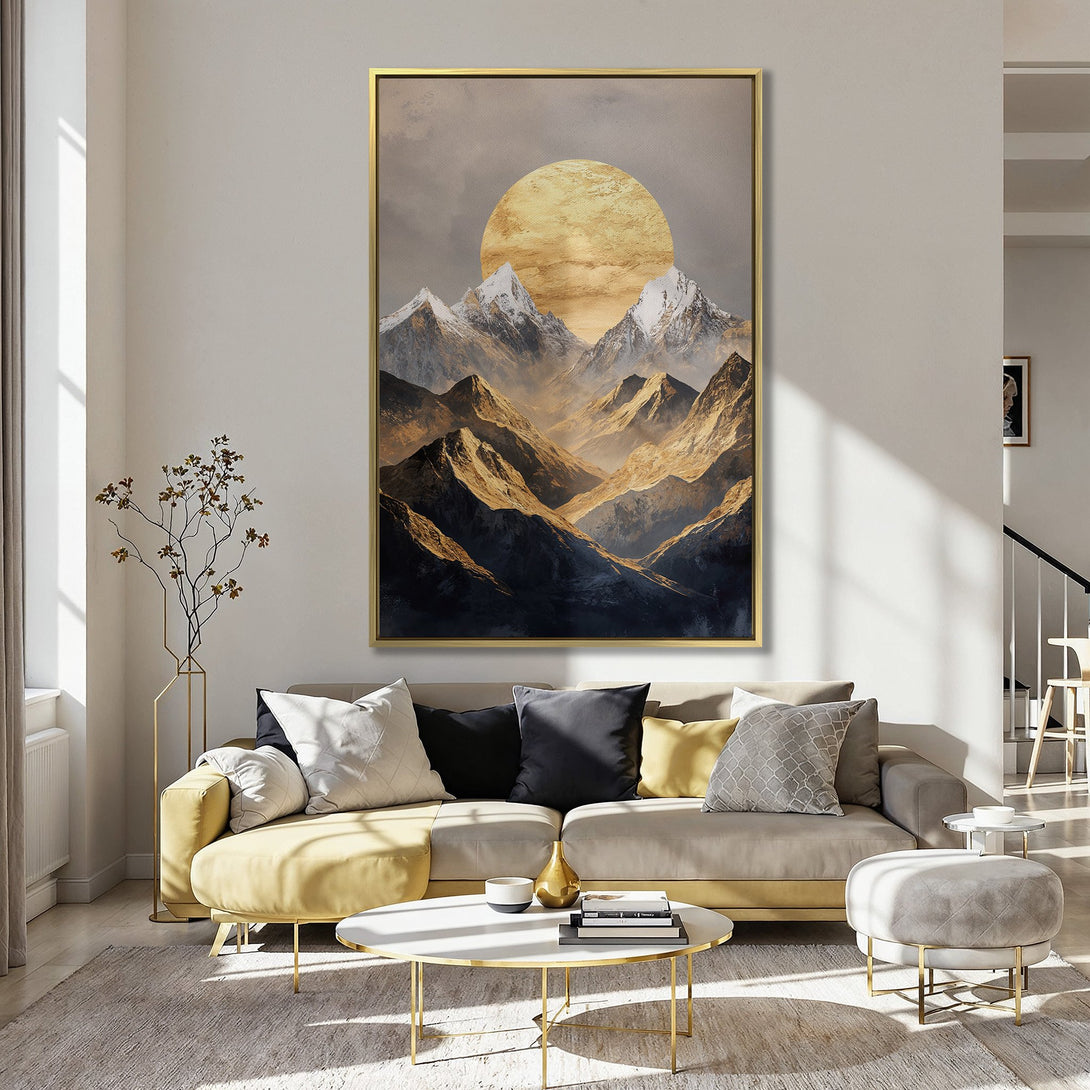 Canvas Print featuring a majestic mountain landscape with a golden sun, warm earth tones, and a touch of snow. Perfect for home decor!
