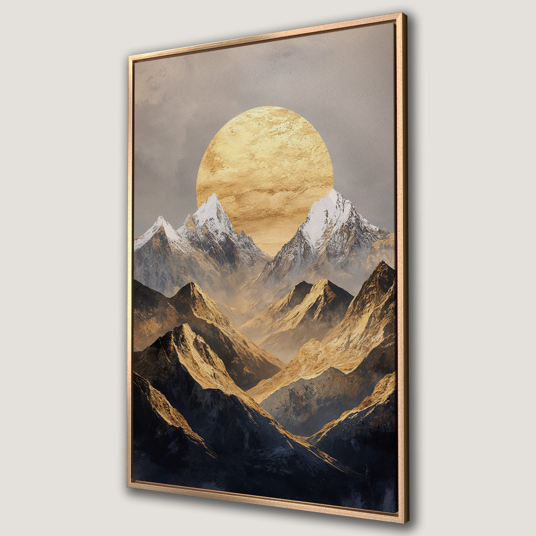 Framed Wall Art featuring a majestic mountain landscape with a golden sun. Earthy tones and a textured style create a warm and inviting atmosphere.