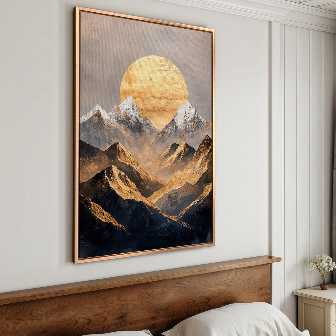 Framed Wall Art featuring a majestic mountain landscape with a golden sun. Warm, earthy tones create a serene and inviting atmosphere. Perfect for any home.