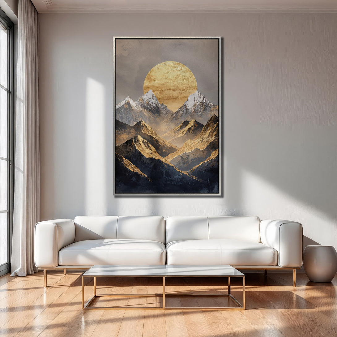 Framed Wall Art: Abstract mountain landscape in warm gold and gray tones. Modern art print perfect for living room decor.
