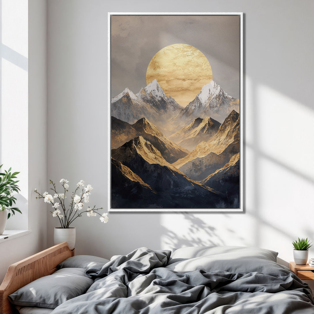 Framed Wall Art featuring a majestic mountain landscape. Modern, abstract style with warm gold, brown, and gray tones. Perfect for bedroom decor.
