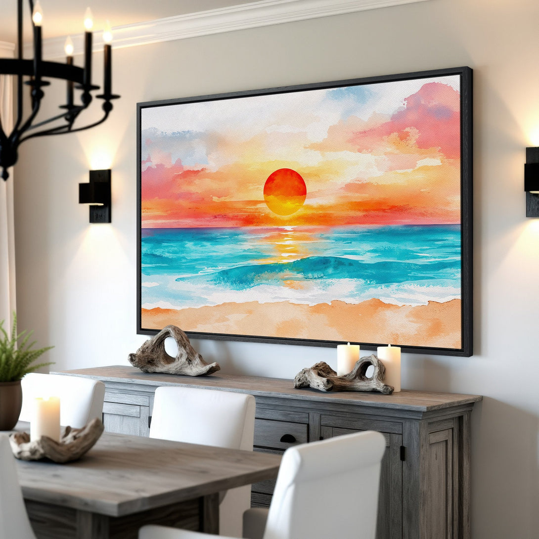Framed Wall Art: Watercolor sunset Canvas Print with vibrant orange, pink, and turquoise hues. Coastal wall decor perfect for adding a pop of color to any space.