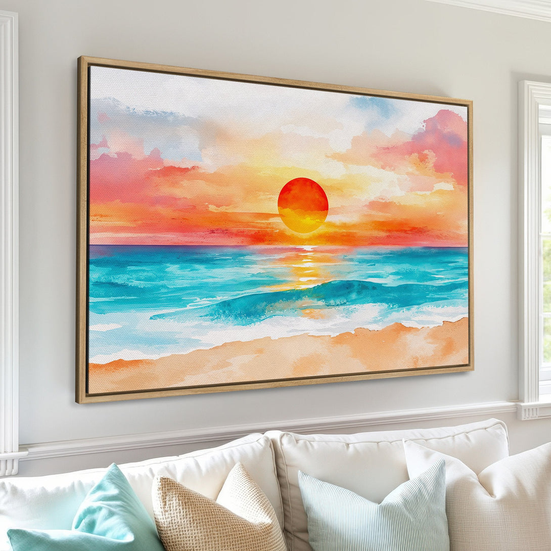 Framed Wall Art: Watercolor sunset over the ocean. Vibrant orange, red, and turquoise hues create a calming, coastal vibe. Perfect for living rooms!