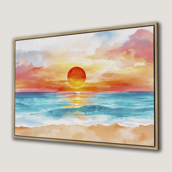 Canvas Print of a watercolor sunset over the ocean. Features vibrant orange, blue, and pink hues. Perfect for coastal decor.