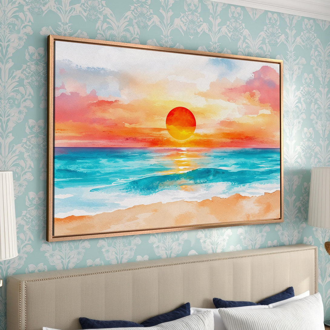 Framed Wall Art: Watercolor sunset over ocean, vibrant orange, red, and turquoise color palette. Coastal art for bedroom decor.