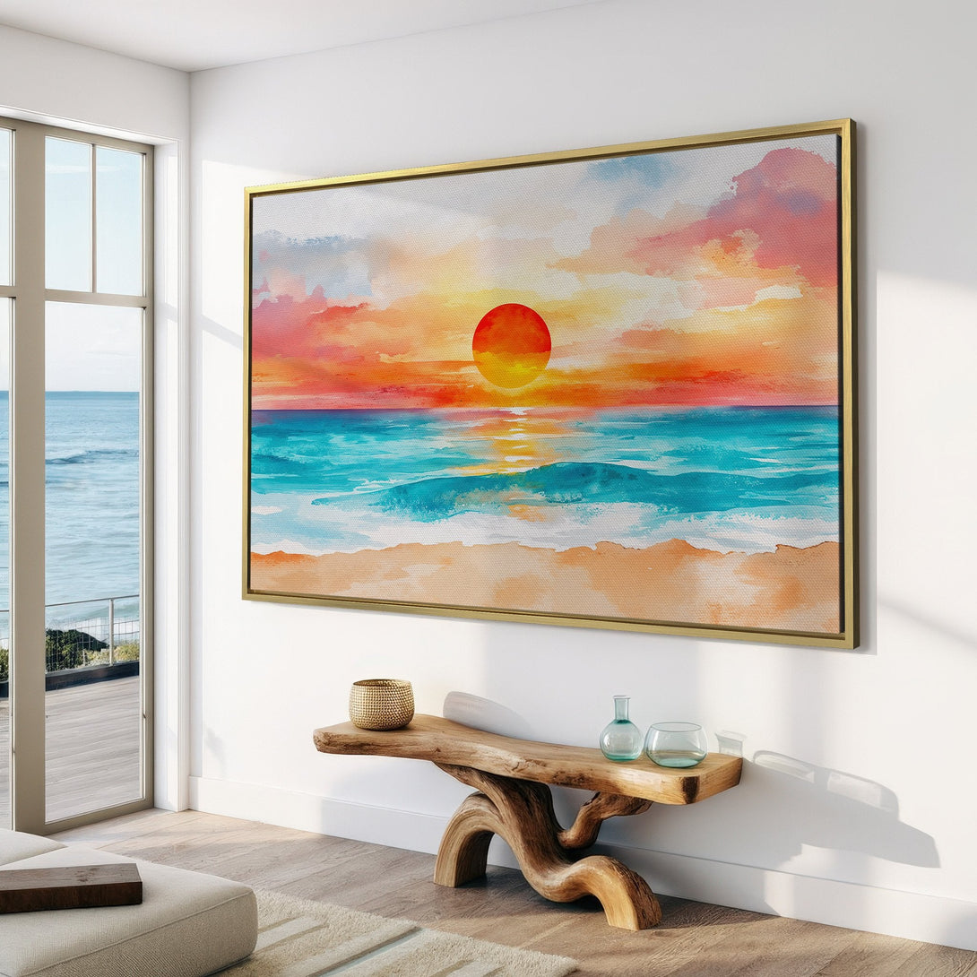 Canvas Print of a watercolor sunset over the ocean. Features vibrant orange, blue, and yellow hues, perfect for coastal decor.