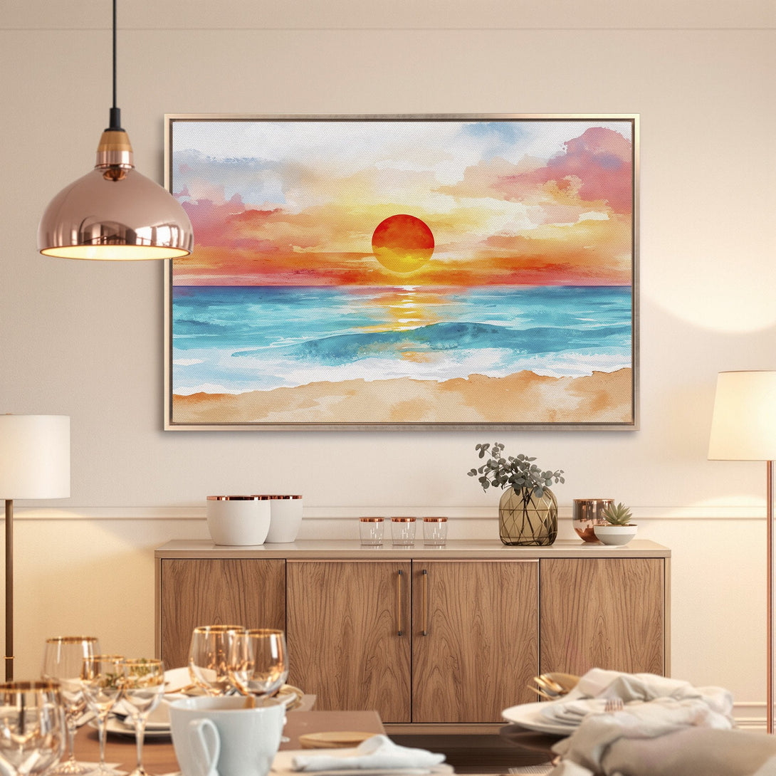 Framed Wall Art: Watercolor sunset canvas print with vibrant orange, blue, and yellow hues. Coastal art perfect for living room or bedroom decor.