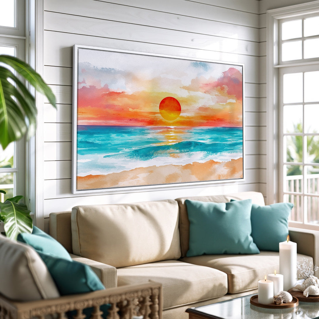 Framed Wall Art: Watercolor sunset over the ocean in vibrant orange, turquoise, and red hues. Coastal style canvas print adds a pop of color to any interior.