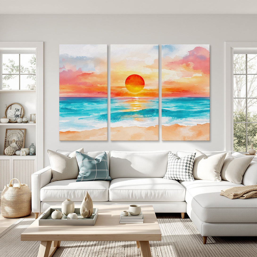 Canvas Print of a vibrant sunset over the ocean. Watercolor style art with warm orange, blue, and teal hues. Perfect for coastal decor.
