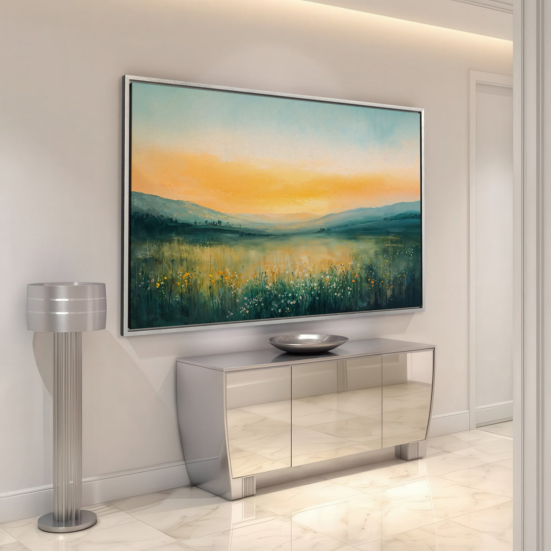 Framed Wall Art: Landscape Canvas Print with warm sunset tones and cool greens. Perfect for adding a touch of nature-inspired art to your home decor.