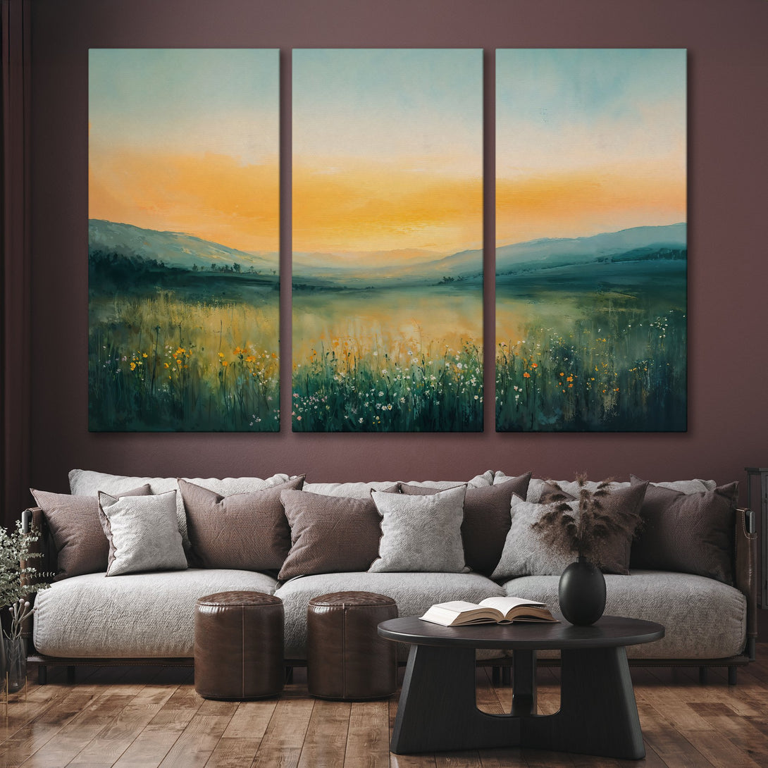 Canvas Print of a serene landscape painting with a warm sunset palette. Adds a touch of nature to any decor.