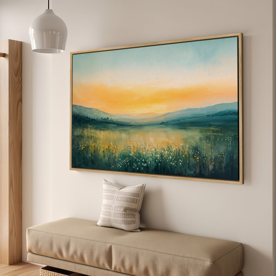 Framed Wall Art: Serene landscape Canvas Print with warm sunset hues, teal mountains, and vibrant green fields. Perfect for adding a touch of nature to your space.