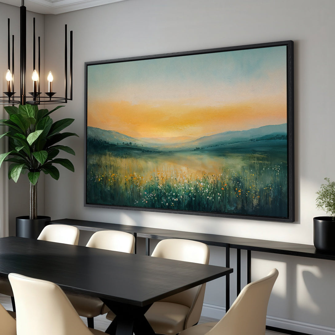 Framed Wall Art: Landscape Canvas Print in a modern dining room. Features a serene meadow scene with a warm yellow and cool green color palette.