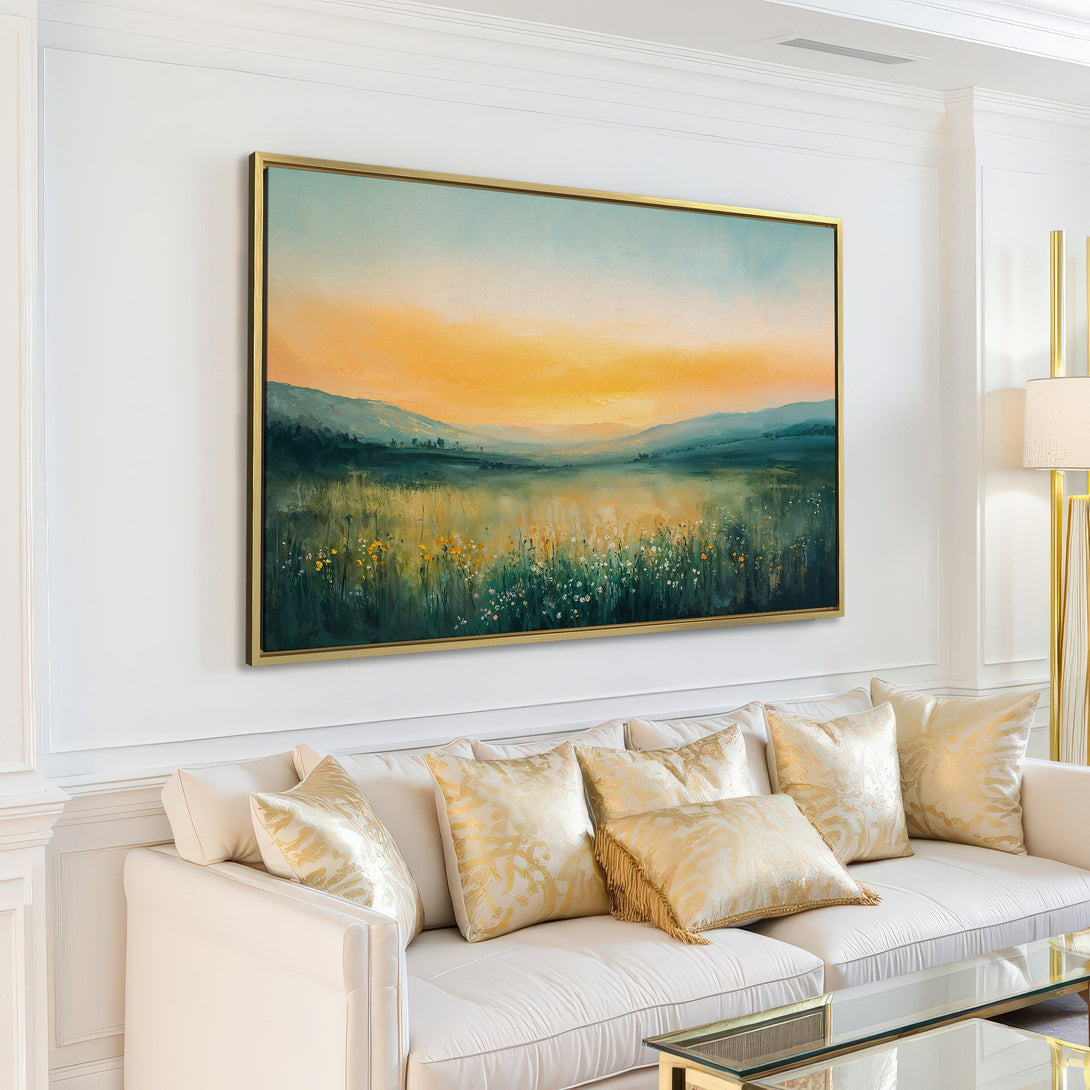 Canvas Print of a serene landscape painting in a modern interior. Features a soft, watercolor style with a warm yellow and blue color palette.